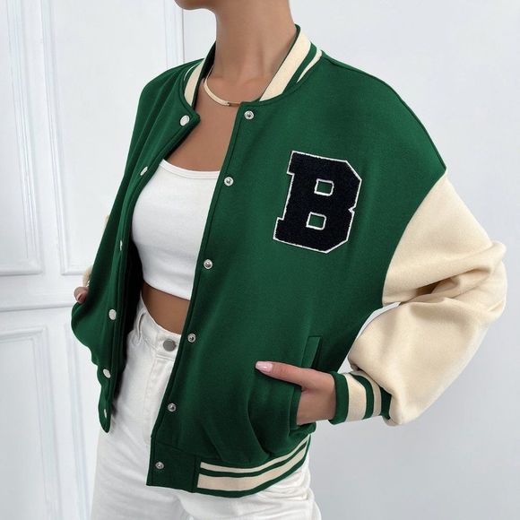 New Letter Patched Striped Trim Drop Shoulder Varsity Jacket Green 226 - Picture 6 of 7